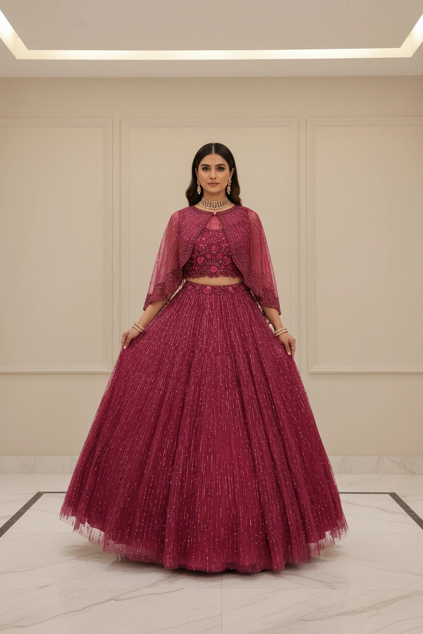 Wine Luxe Embroidered Lehenga with Embellished Cape | Bridal – Rangoli
